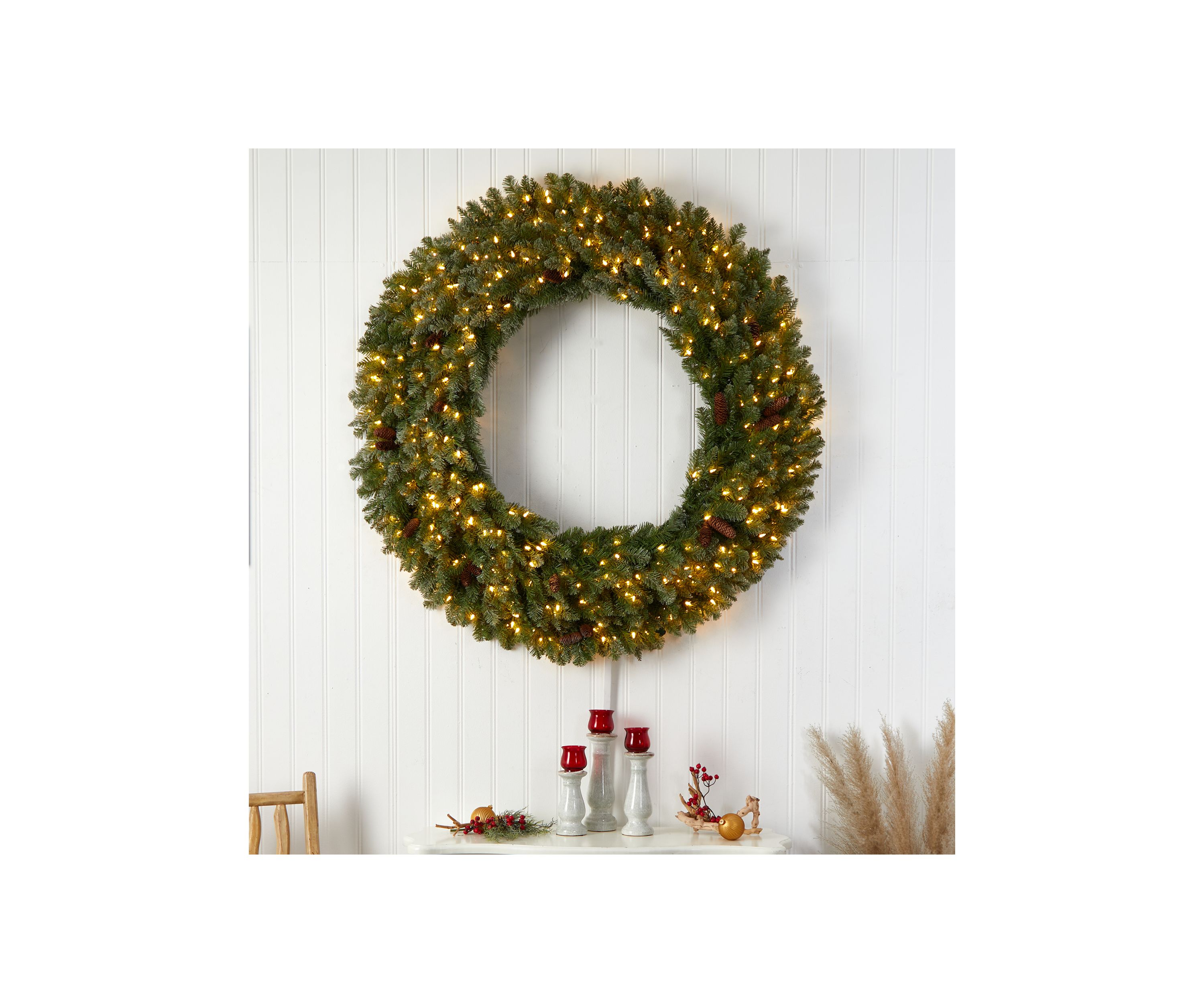 5-Foot Flocked Artificial Christmas Wreath with Pinecones, 300 Clear LED Lights and 680 Bendable Branches