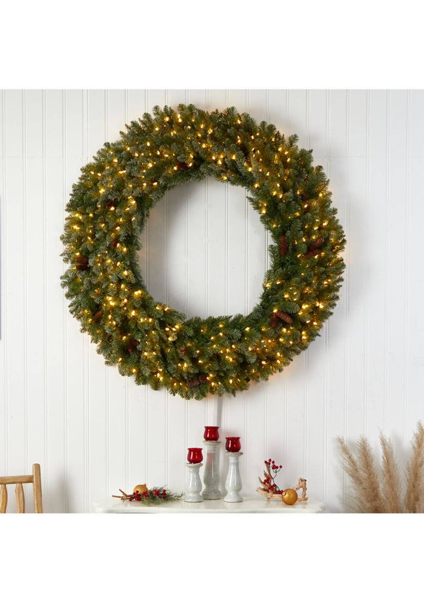 5-Foot Flocked Artificial Christmas Wreath with Pinecones, 300 Clear LED Lights and 680 Bendable Branches