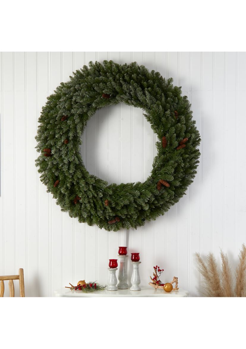 5-Foot Flocked Artificial Christmas Wreath with Pinecones, 300 Clear LED Lights and 680 Bendable Branches