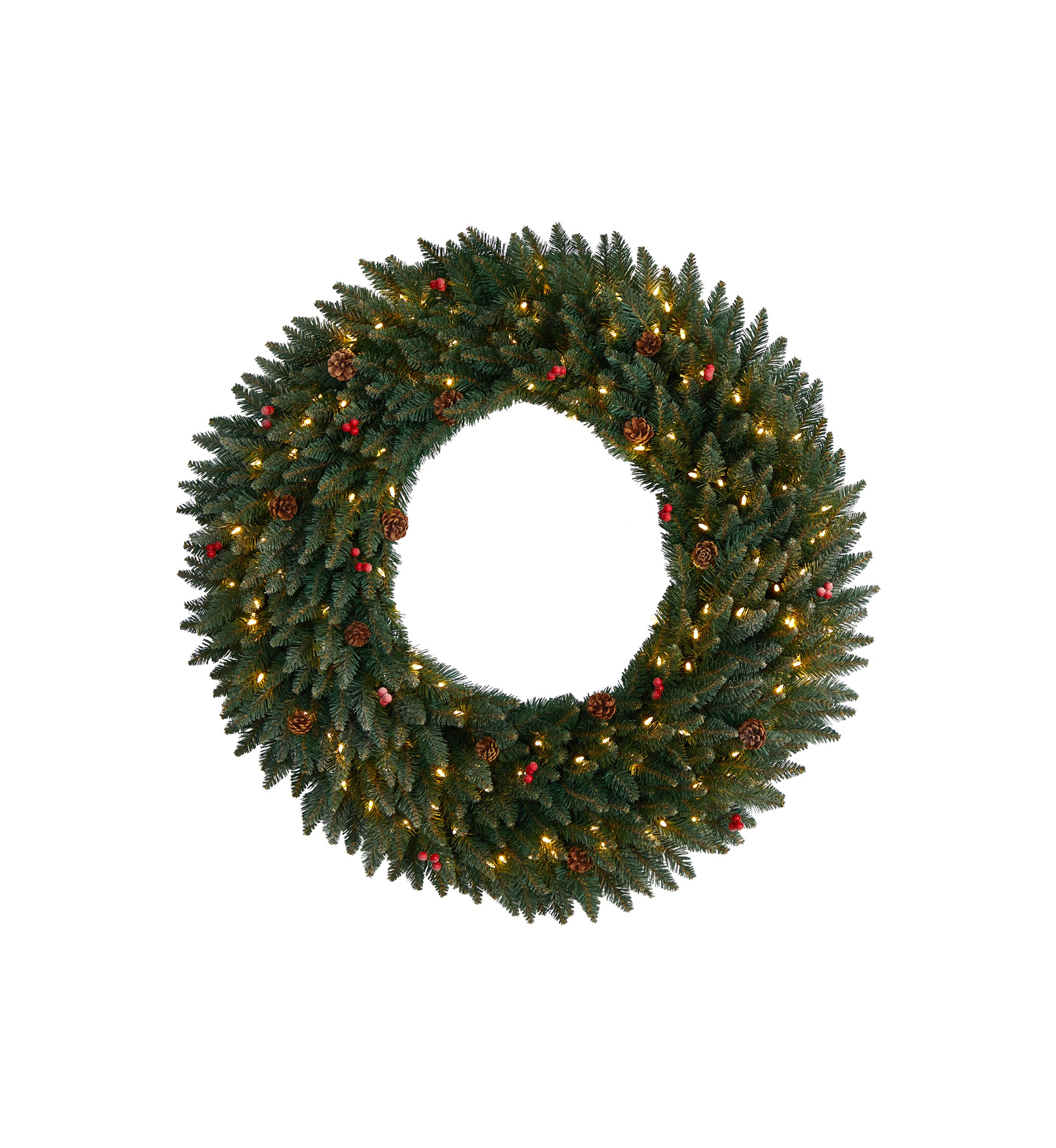 4-Foot Large Flocked Artificial Christmas Wreath with Pinecones, Berries, 150 Clear LED Lights and 400 Bendable Branches