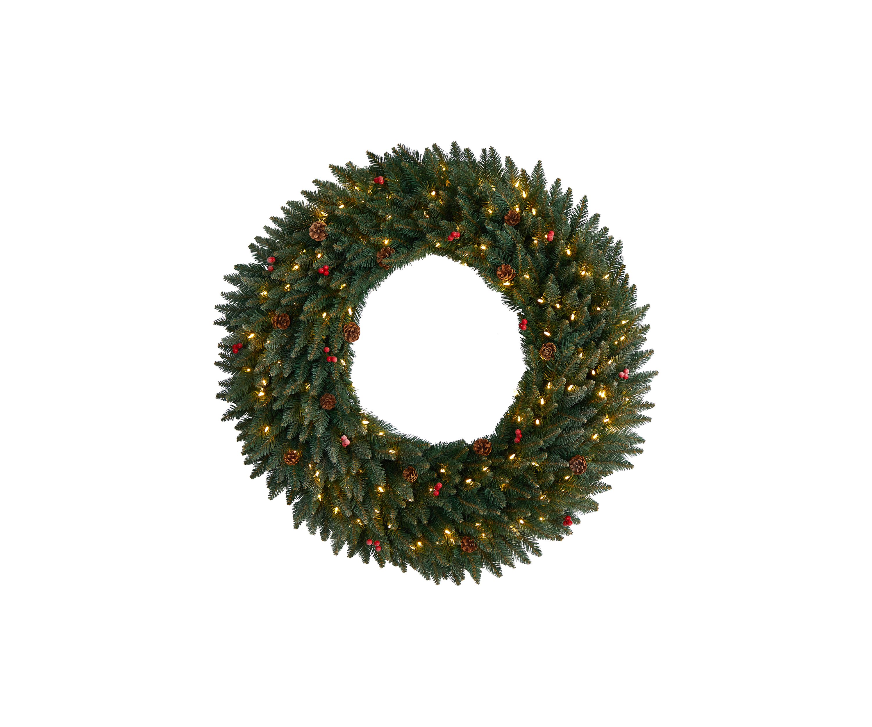 4-Foot Large Flocked Artificial Christmas Wreath with Pinecones, Berries, 150 Clear LED Lights and 400 Bendable Branches