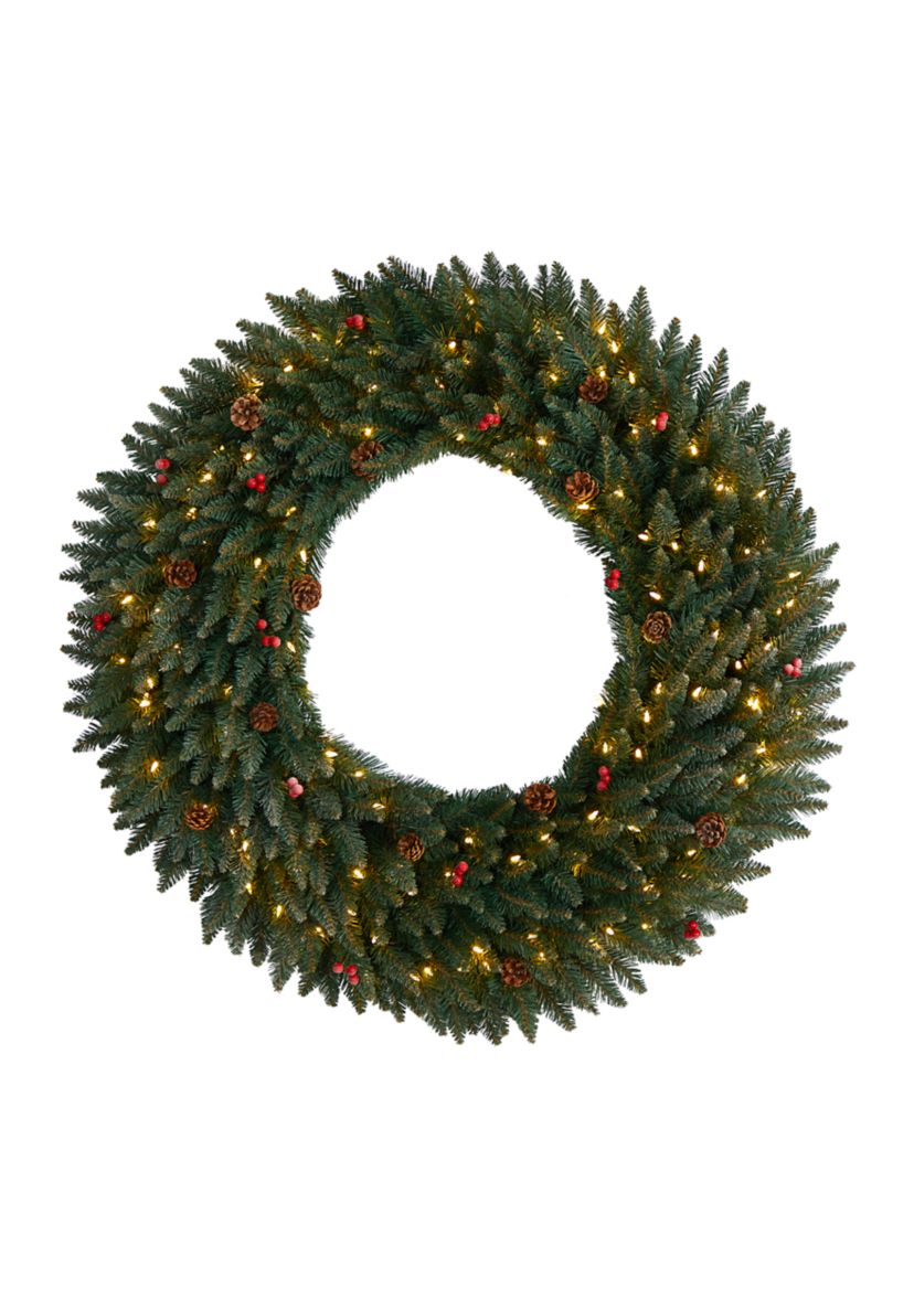 4-Foot Large Flocked Artificial Christmas Wreath with Pinecones, Berries, 150 Clear LED Lights and 400 Bendable Branches