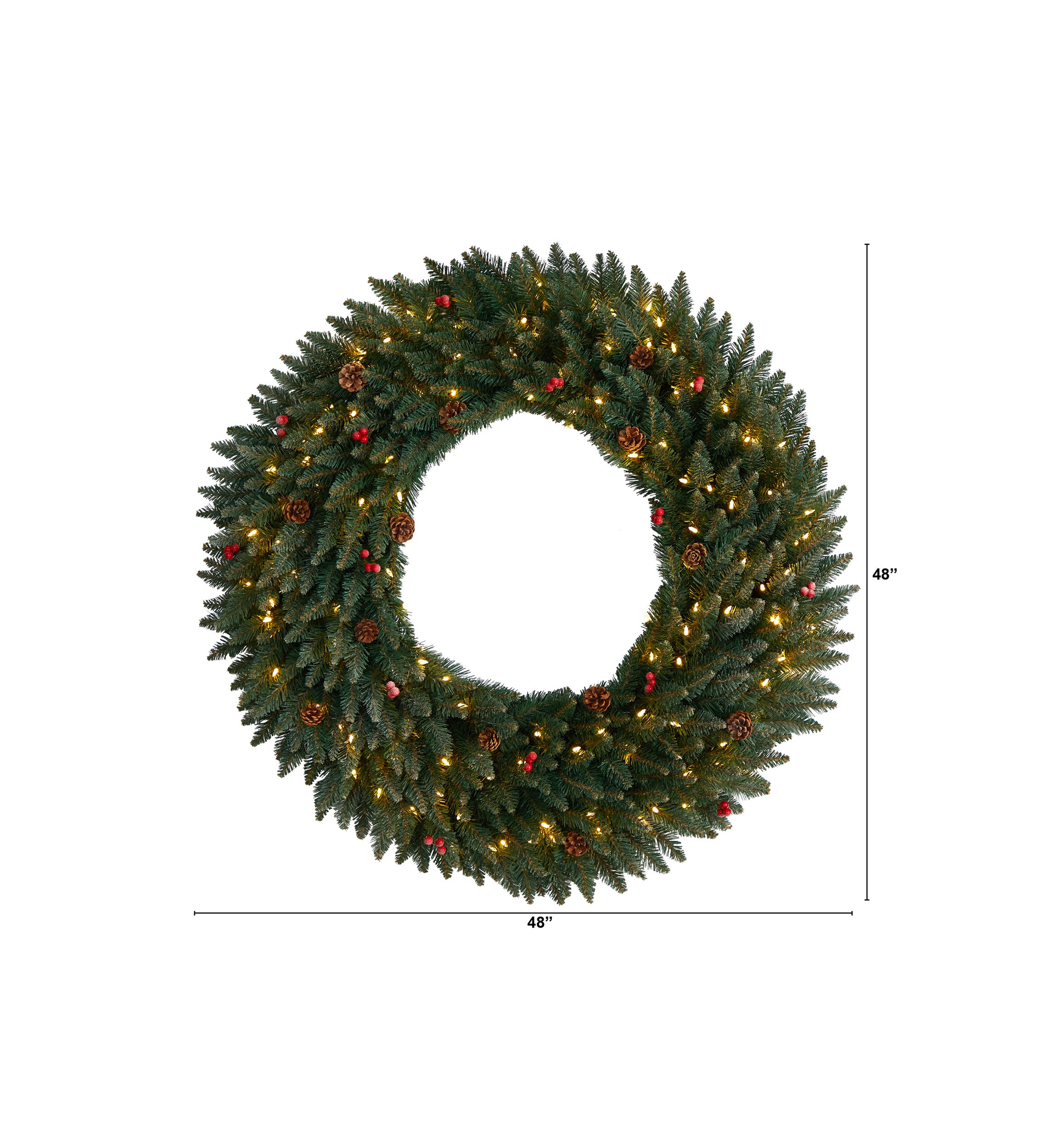 4-Foot Large Flocked Artificial Christmas Wreath with Pinecones, Berries, 150 Clear LED Lights and 400 Bendable Branches