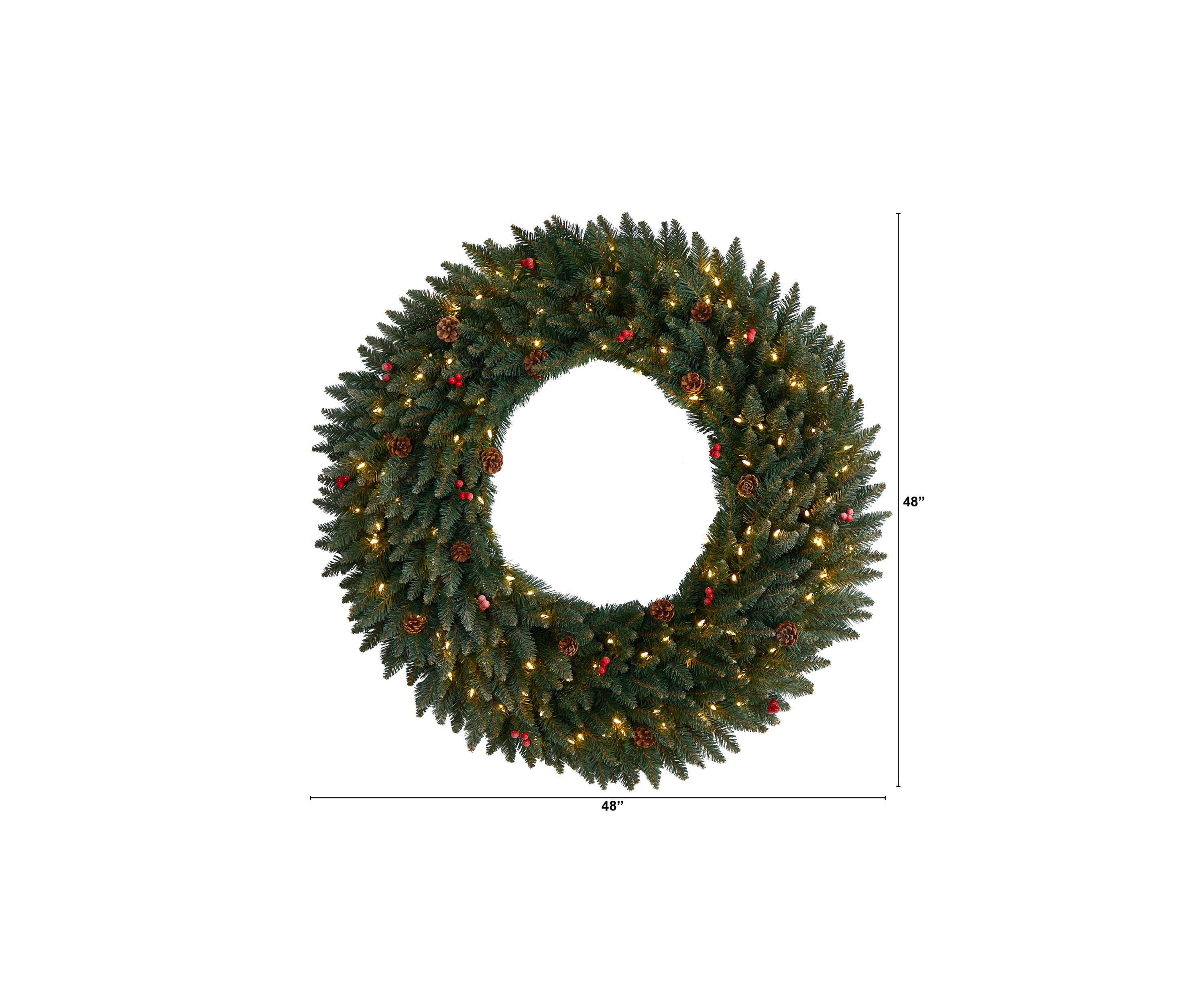 4-Foot Large Flocked Artificial Christmas Wreath with Pinecones, Berries, 150 Clear LED Lights and 400 Bendable Branches