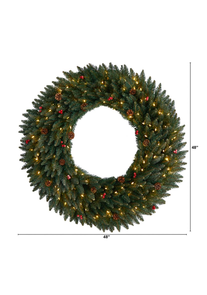 4-Foot Large Flocked Artificial Christmas Wreath with Pinecones, Berries, 150 Clear LED Lights and 400 Bendable Branches