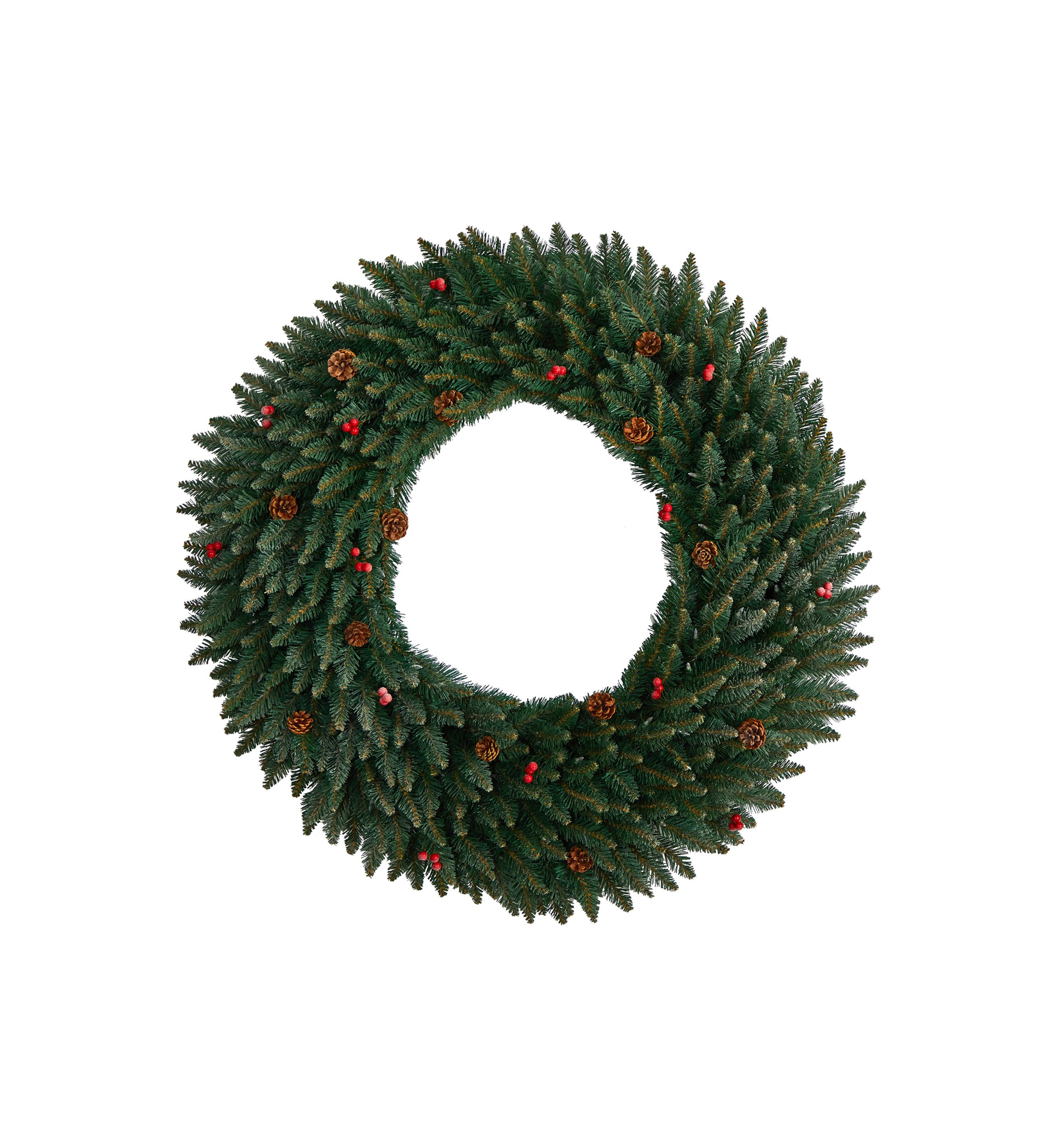 4-Foot Large Flocked Artificial Christmas Wreath with Pinecones, Berries, 150 Clear LED Lights and 400 Bendable Branches