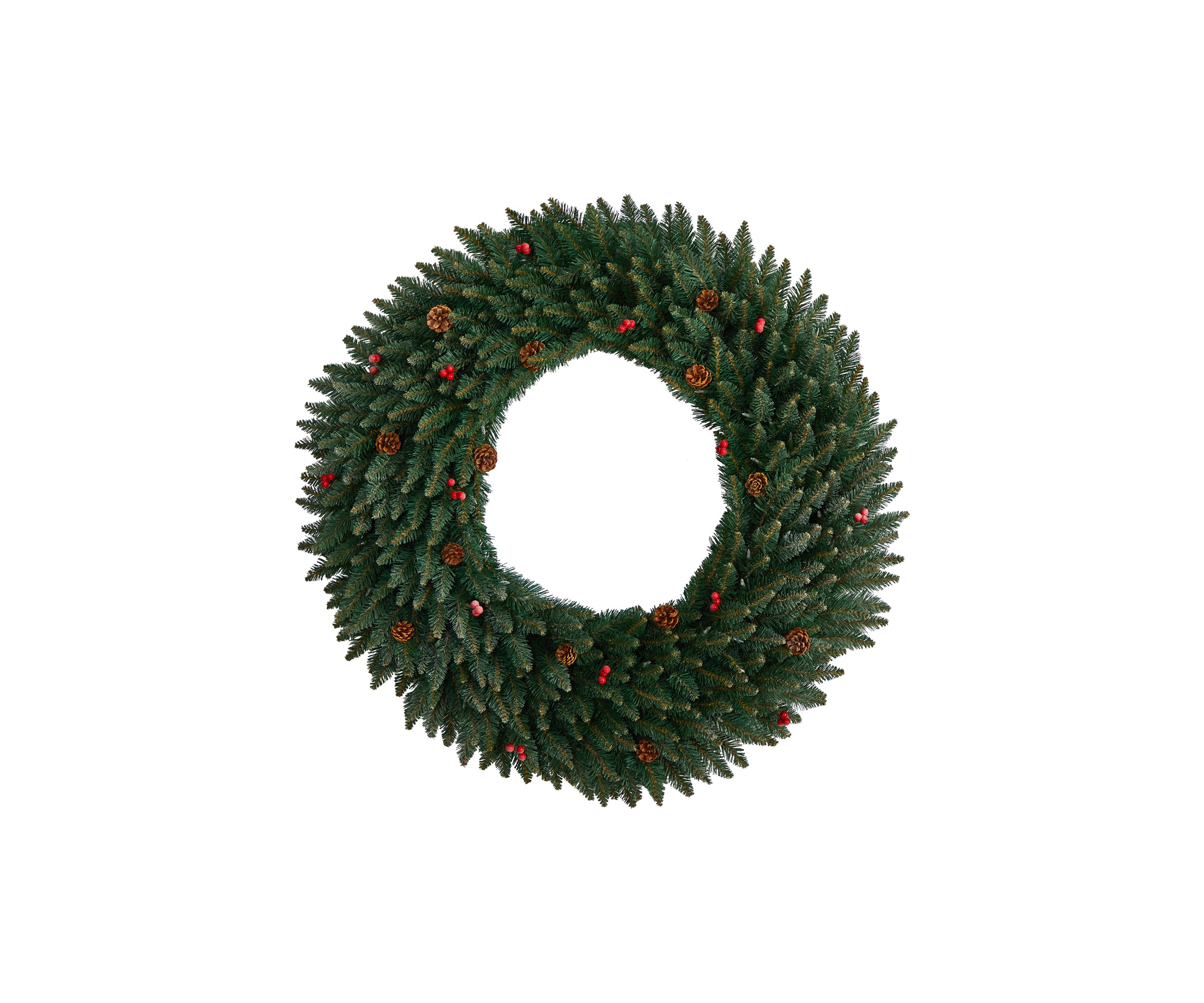 4-Foot Large Flocked Artificial Christmas Wreath with Pinecones, Berries, 150 Clear LED Lights and 400 Bendable Branches