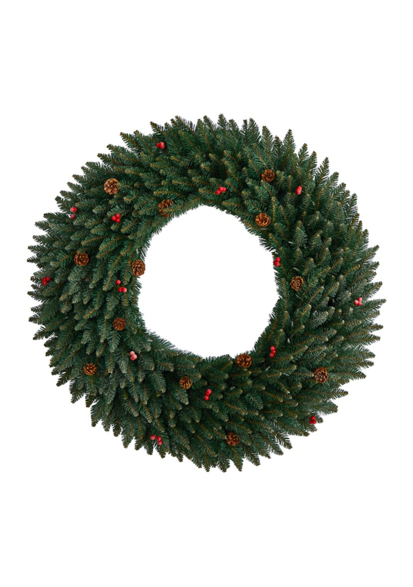 4-Foot Large Flocked Artificial Christmas Wreath with Pinecones, Berries, 150 Clear LED Lights and 400 Bendable Branches