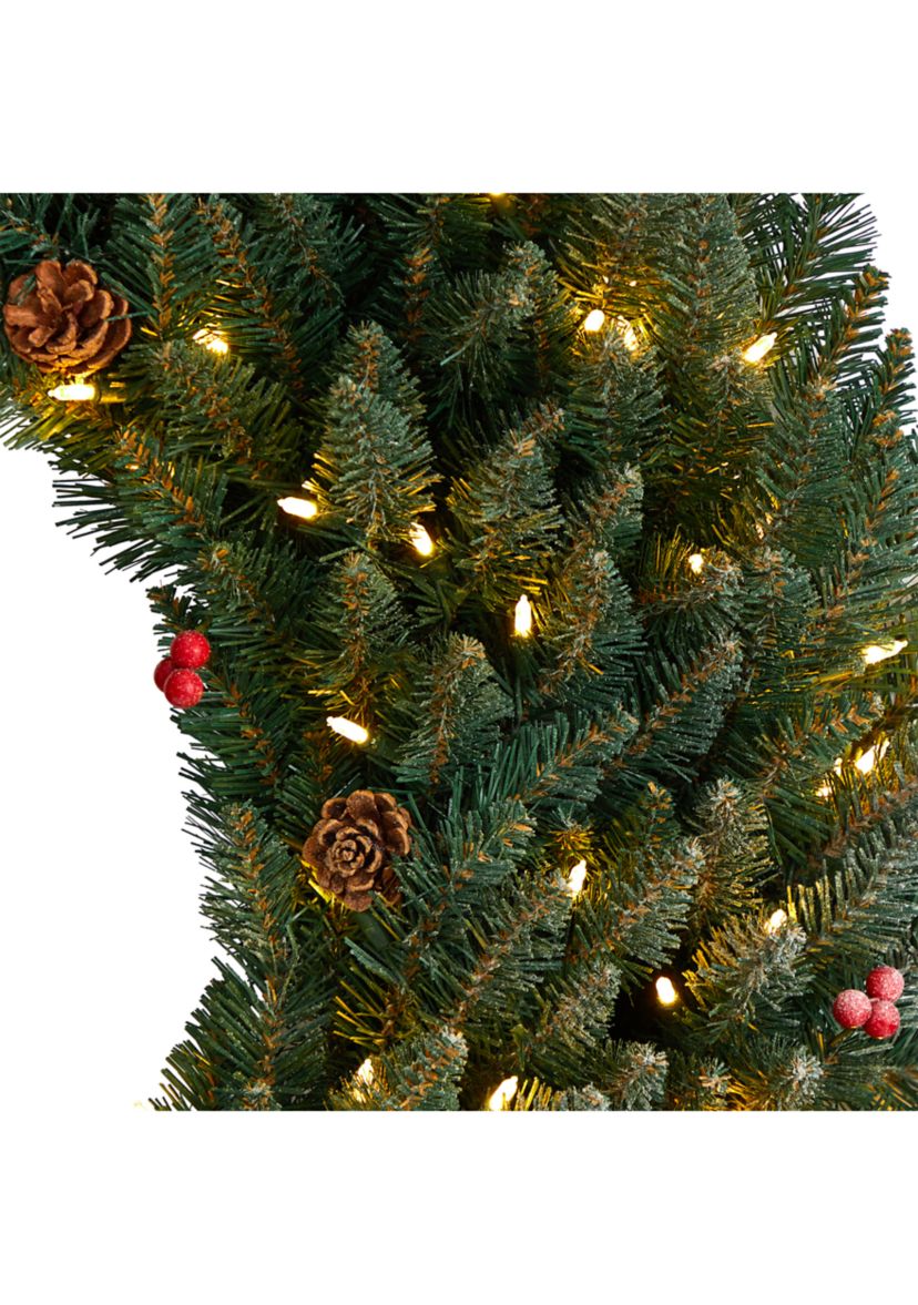 4-Foot Large Flocked Artificial Christmas Wreath with Pinecones, Berries, 150 Clear LED Lights and 400 Bendable Branches