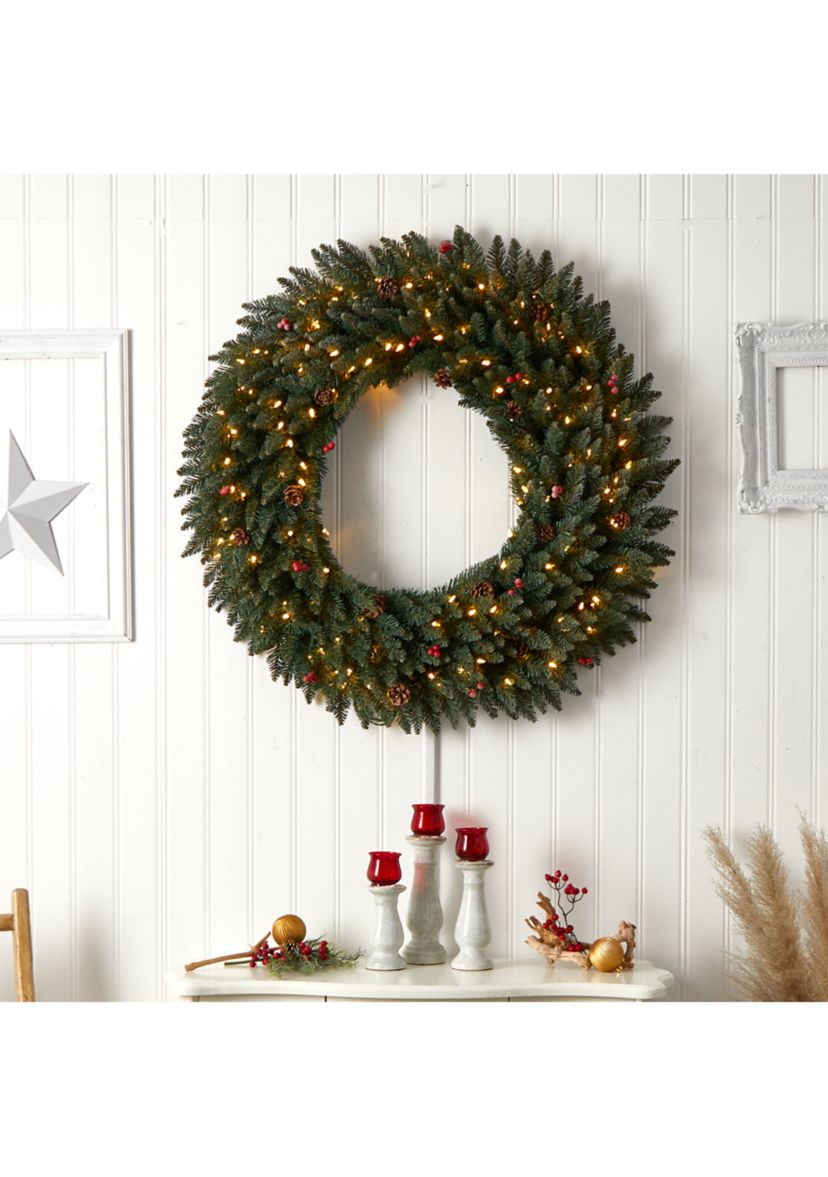 4-Foot Large Flocked Artificial Christmas Wreath with Pinecones, Berries, 150 Clear LED Lights and 400 Bendable Branches