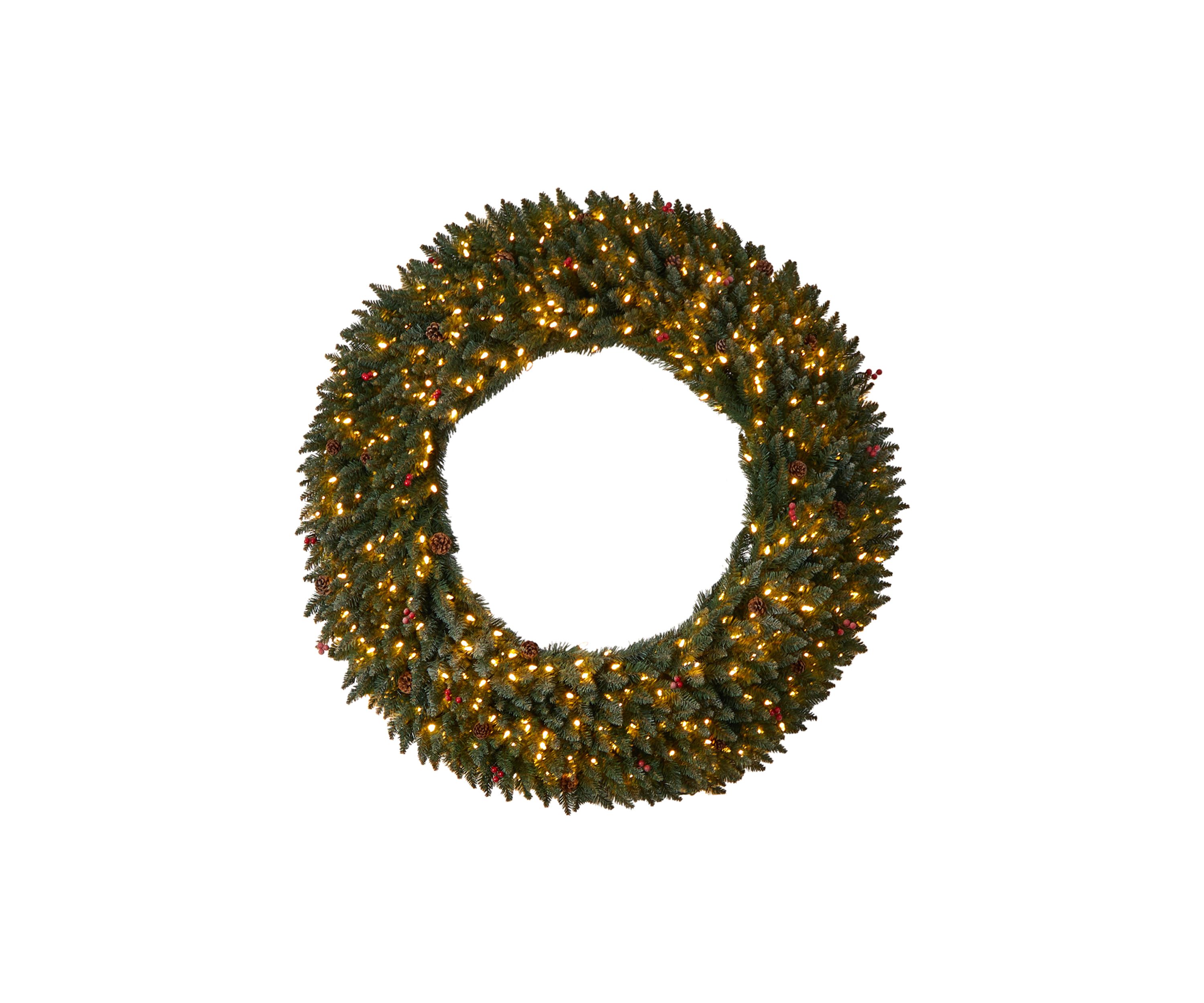 5-Foot Large Flocked Artificial Christmas Wreath with Pinecones, Berries, 400 Clear LED Lights and 820 Bendable Branches