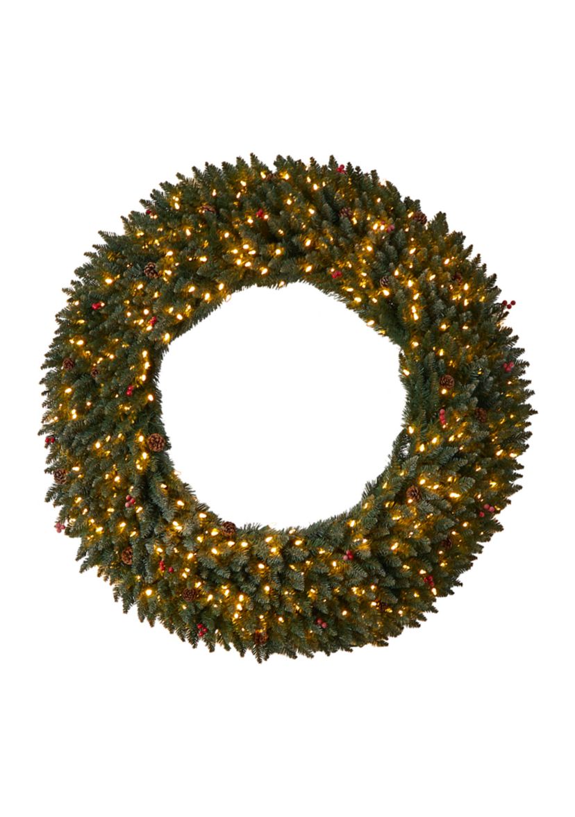 5-Foot Large Flocked Artificial Christmas Wreath with Pinecones, Berries, 400 Clear LED Lights and 820 Bendable Branches
