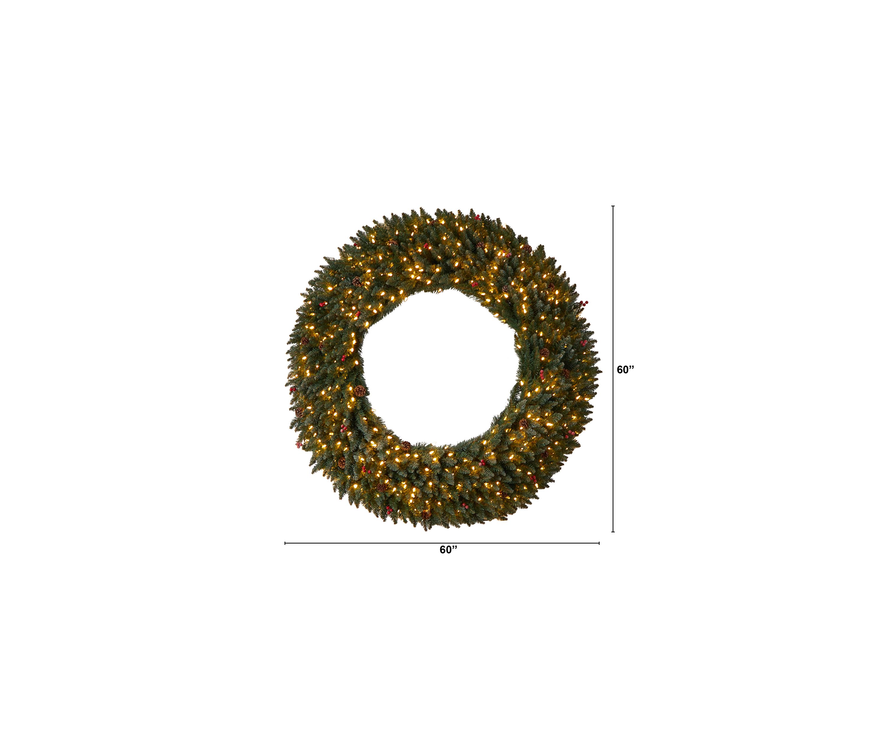 5-Foot Large Flocked Artificial Christmas Wreath with Pinecones, Berries, 400 Clear LED Lights and 820 Bendable Branches