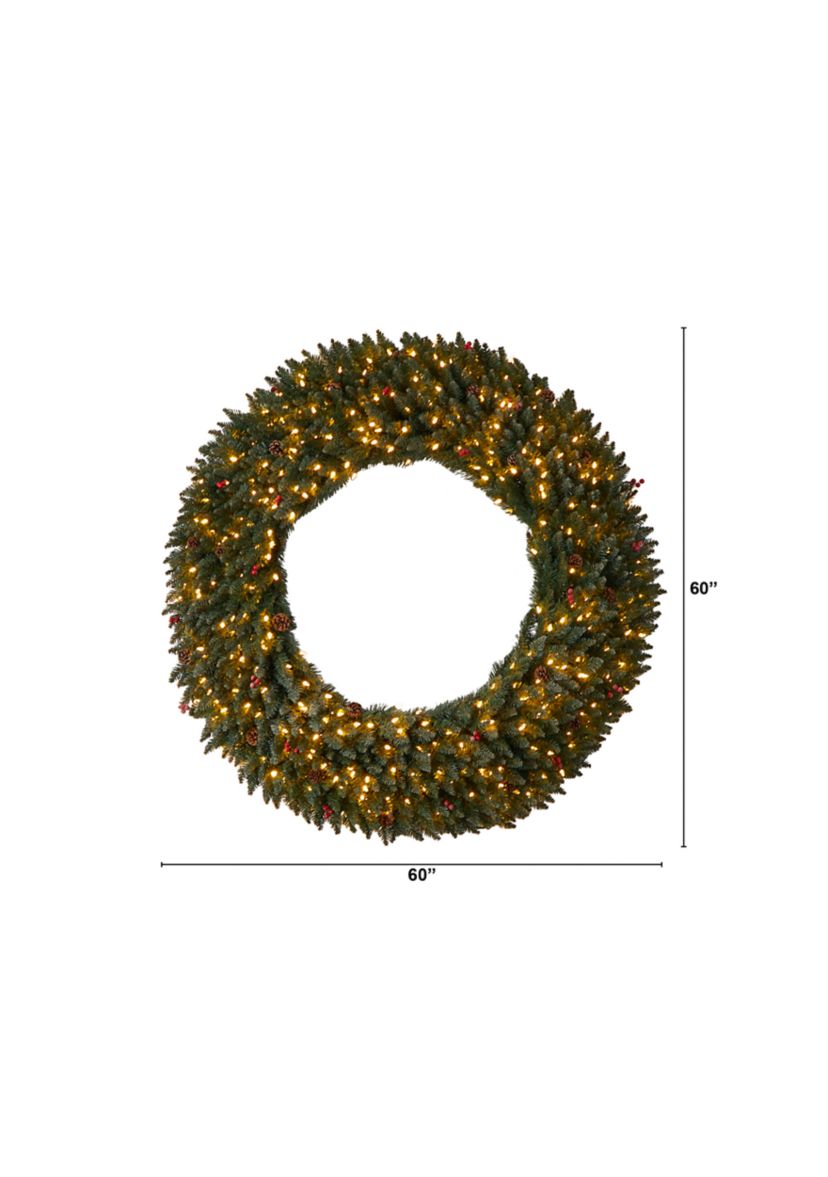 5-Foot Large Flocked Artificial Christmas Wreath with Pinecones, Berries, 400 Clear LED Lights and 820 Bendable Branches