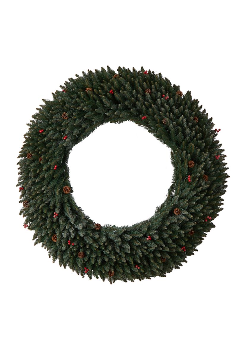 5-Foot Large Flocked Artificial Christmas Wreath with Pinecones, Berries, 400 Clear LED Lights and 820 Bendable Branches