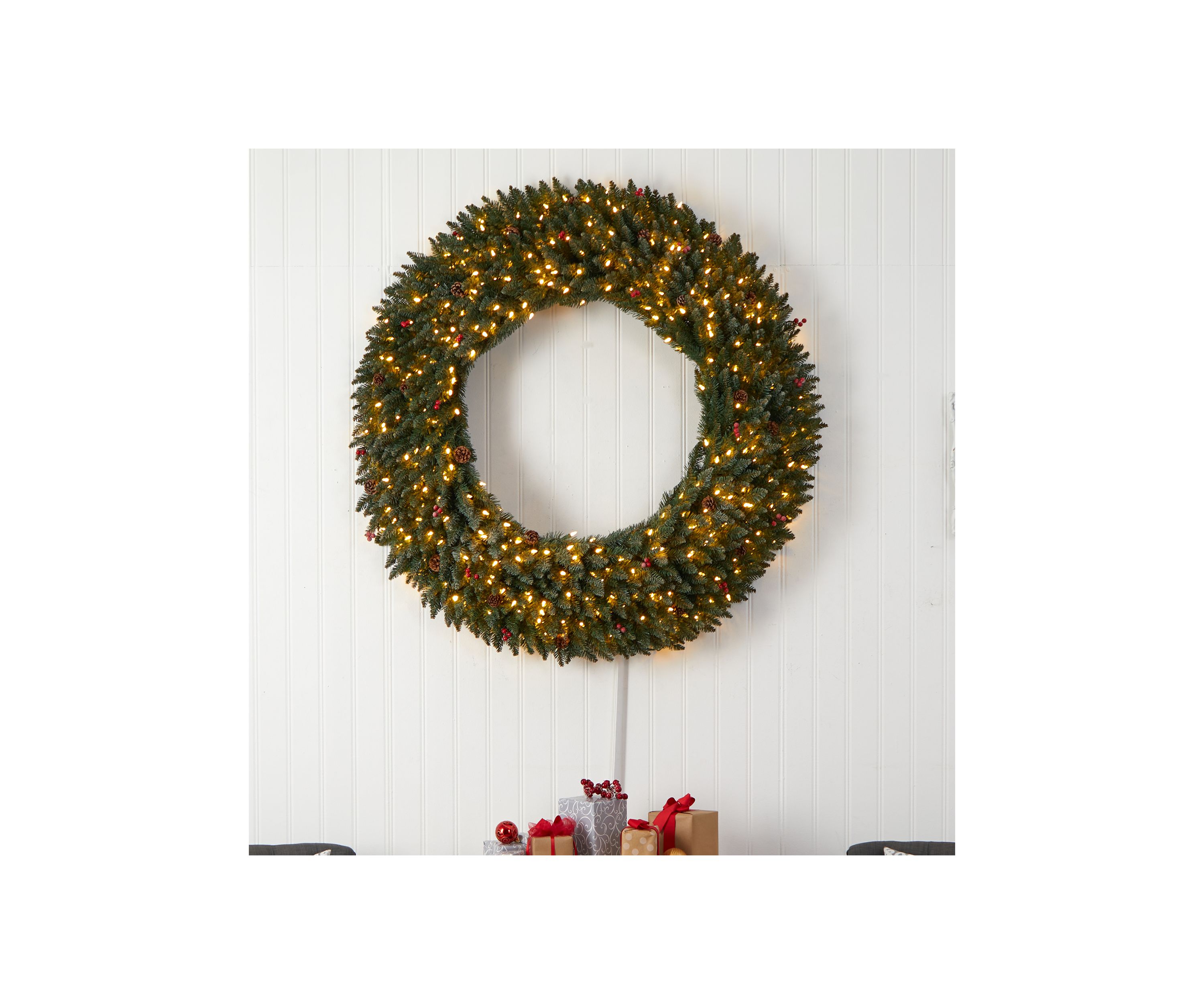 5-Foot Large Flocked Artificial Christmas Wreath with Pinecones, Berries, 400 Clear LED Lights and 820 Bendable Branches