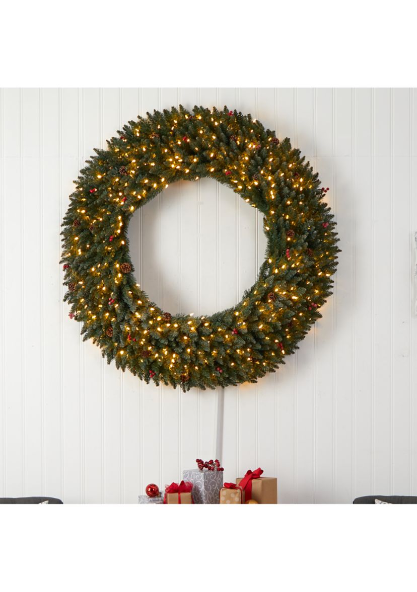 5-Foot Large Flocked Artificial Christmas Wreath with Pinecones, Berries, 400 Clear LED Lights and 820 Bendable Branches
