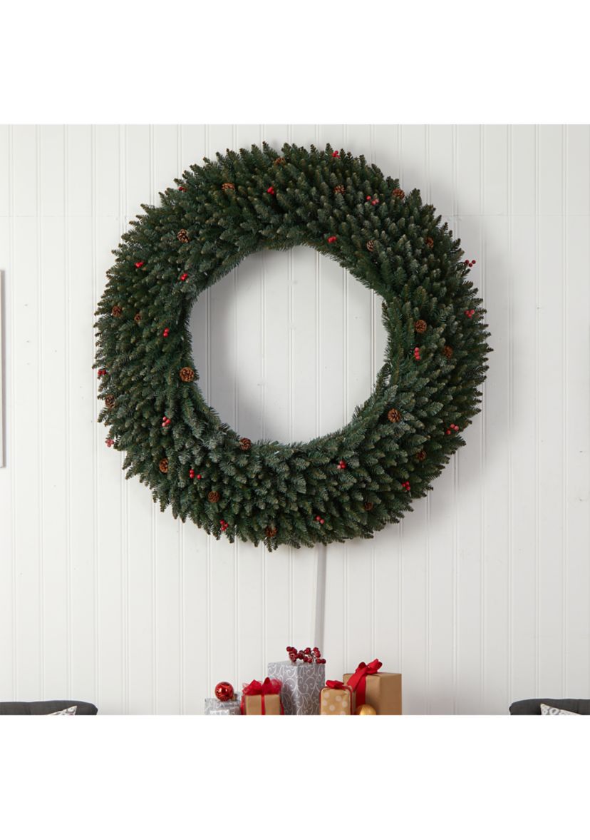 5-Foot Large Flocked Artificial Christmas Wreath with Pinecones, Berries, 400 Clear LED Lights and 820 Bendable Branches