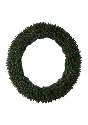 6-Foot Large Flocked Artificial Christmas Wreath with Pinecones, Berries, 600 Clear LED Lights and 1080 Bendable Branches