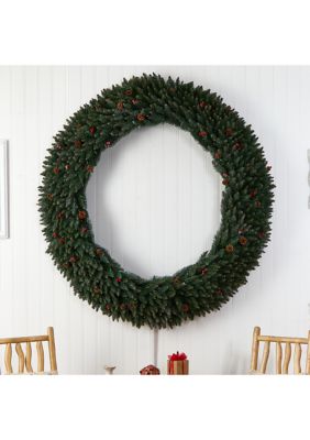 6-Foot Large Flocked Artificial Christmas Wreath with Pinecones, Berries, 600 Clear LED Lights and 1080 Bendable Branches