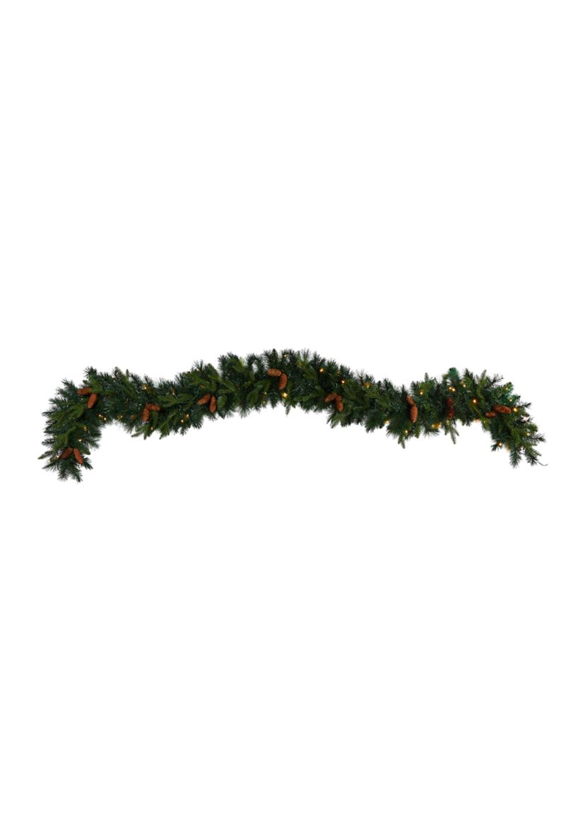 9 Foot Mixed Pines and Pinecones Extra Wide Artificial Christmas Garland with 286 Bendable Branches and 70 Warm White LED Lights