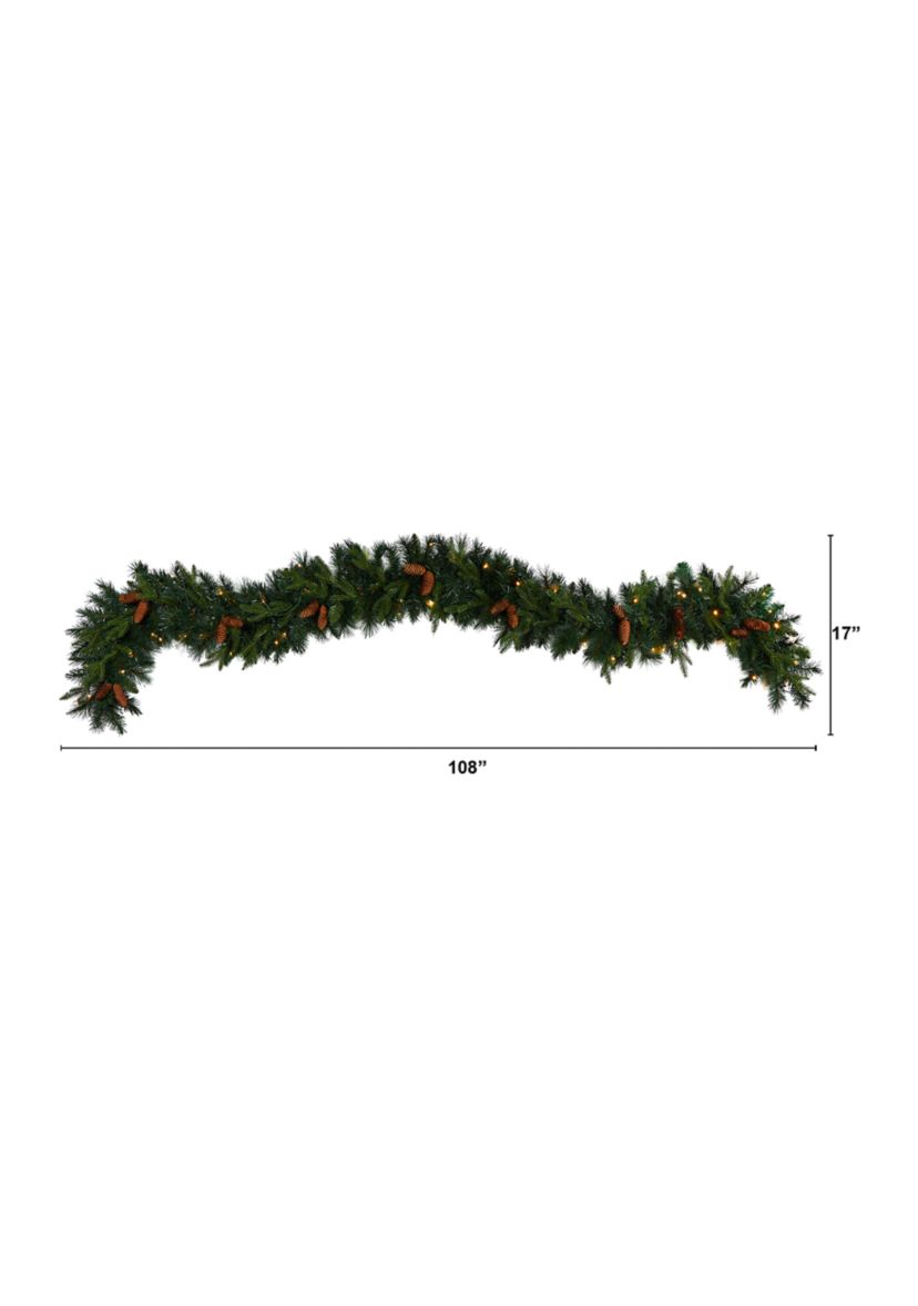 9 Foot Mixed Pines and Pinecones Extra Wide Artificial Christmas Garland with 286 Bendable Branches and 70 Warm White LED Lights