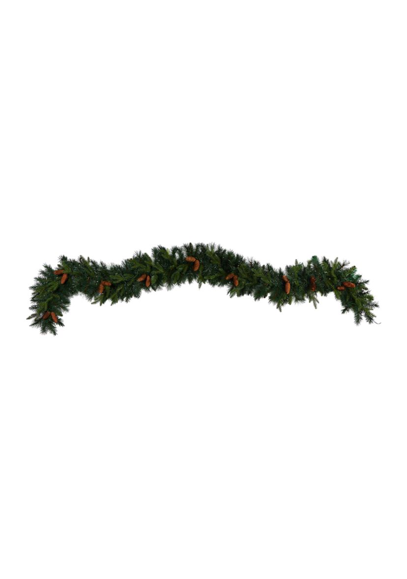 9 Foot Mixed Pines and Pinecones Extra Wide Artificial Christmas Garland with 286 Bendable Branches and 70 Warm White LED Lights