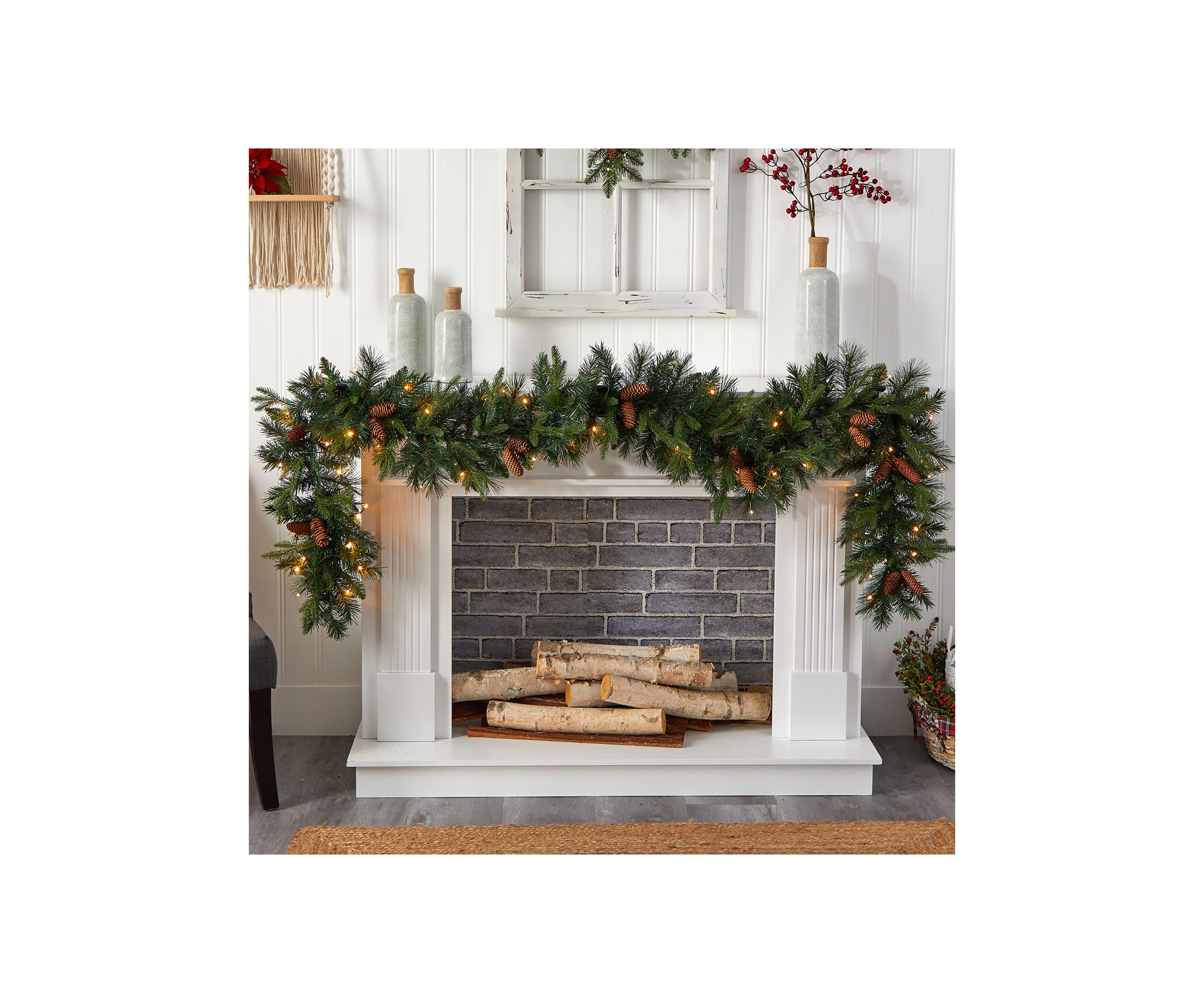 9 Foot Mixed Pines and Pinecones Extra Wide Artificial Christmas Garland with 286 Bendable Branches and 70 Warm White LED Lights