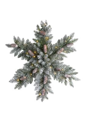 Nearly Natural 30 Inch Pre-Lit Flocked Snowflake Artificial Dunhill Fir Wreath with Pinecones and 40 LED Lights, Green