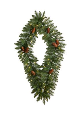 Nearly Natural 3 Foot Holiday Christmas Geometric Diamond Wreath with Pinecones and 50 Warm White LED Lights, Green