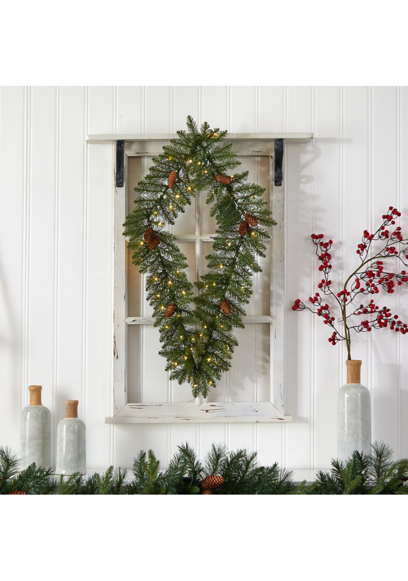 3 Foot Holiday Christmas Geometric Diamond Wreath with Pinecones and 50 Warm White LED Lights