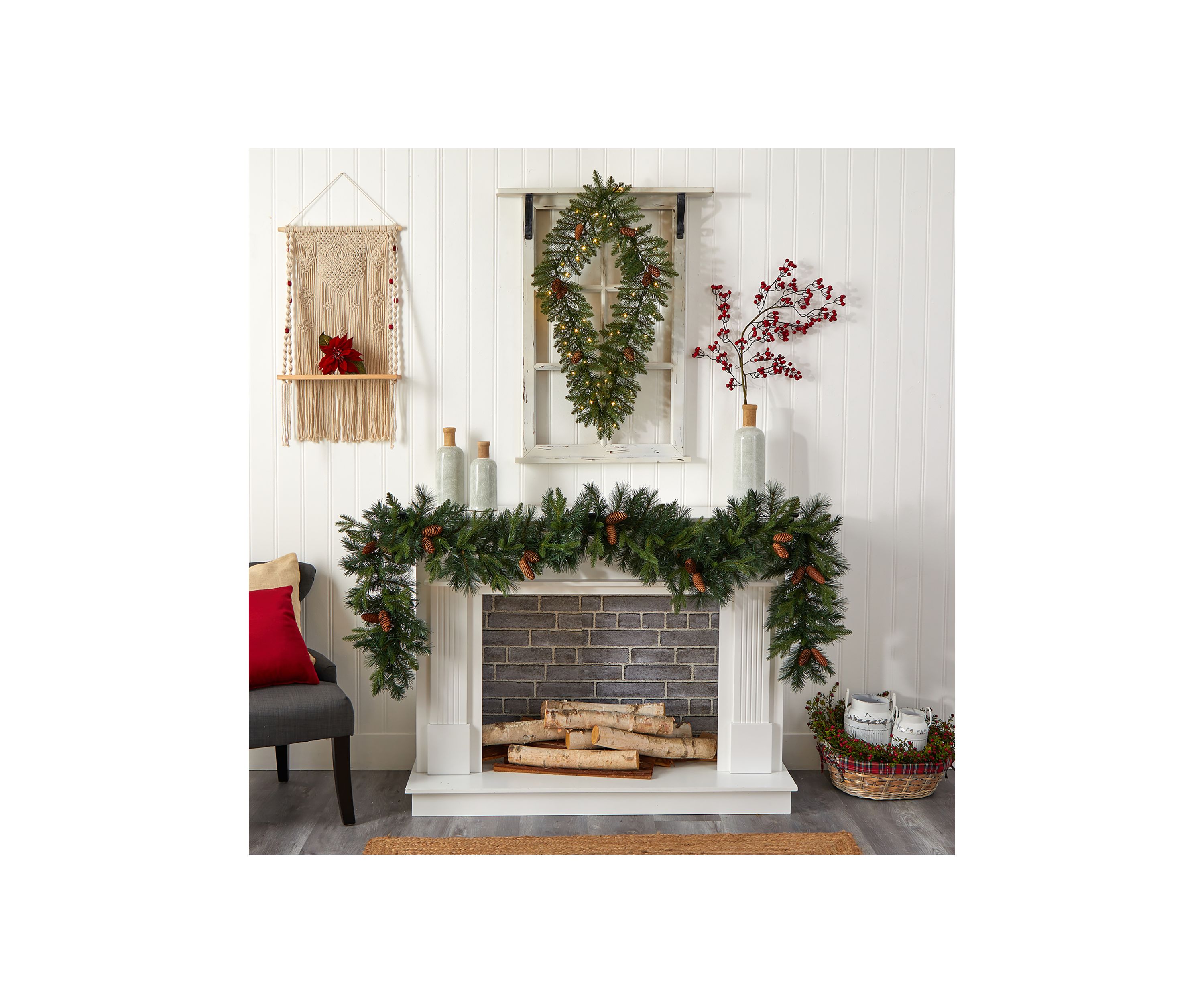 3 Foot Holiday Christmas Geometric Diamond Wreath with Pinecones and 50 Warm White LED Lights