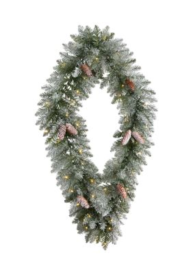 Nearly Natural 3 Foot Holiday Christmas Geometric Diamond Frosted Wreath with Pinecones and 50 Warm White LED Lights, Green