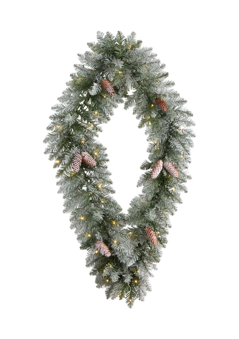 3 Foot Holiday Christmas Geometric Diamond Frosted Wreath with Pinecones and 50 Warm White LED Lights