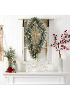 3 Foot Holiday Christmas Geometric Diamond Frosted Wreath with Pinecones and 50 Warm White LED Lights