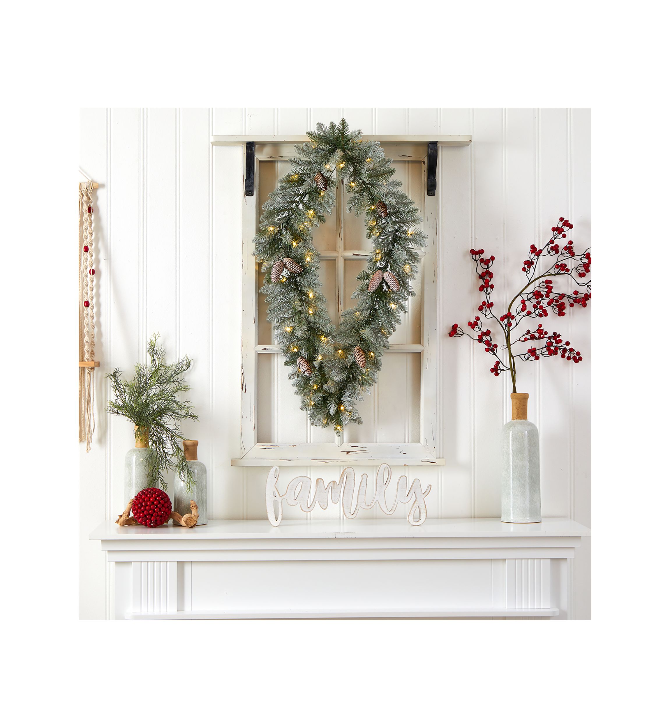 3 Foot Holiday Christmas Geometric Diamond Frosted Wreath with Pinecones and 50 Warm White LED Lights