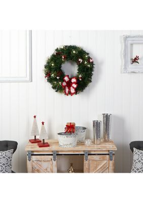 24 Inch Snow Tipped Berry and Pinecone Artificial Wreath with Bow and 50 Multi-Colored LED Lights