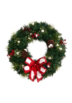 24 Inch Snow Tipped Berry and Pinecone Artificial Wreath with Bow and 50 Multi-Colored LED Lights