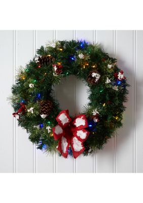 24 Inch Snow Tipped Berry and Pinecone Artificial Wreath with Bow and 50 Multi-Colored LED Lights