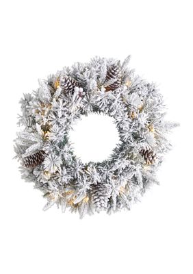 20 Inch Flocked Artificial Christmas Wreath with 35 Warm White LED Lights
