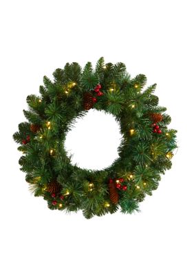 20 Inch Frosted Pine Artificial Christmas Wreath with Pinecones, Berries, and 35 Warm White LED Lights