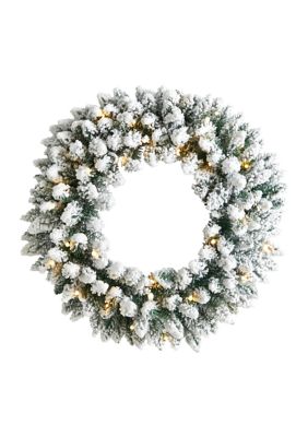 Nearly Natural 24 Inch Flocked Artificial Christmas Wreath with 160 Bendable Branches and 35 Warm White LED Lights, Green