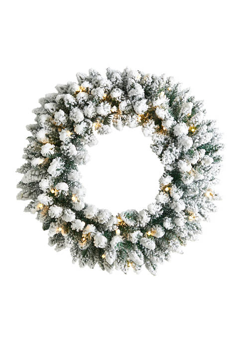 24 Inch Flocked Artificial Christmas Wreath with 160 Bendable Branches and 35 Warm White LED Lights