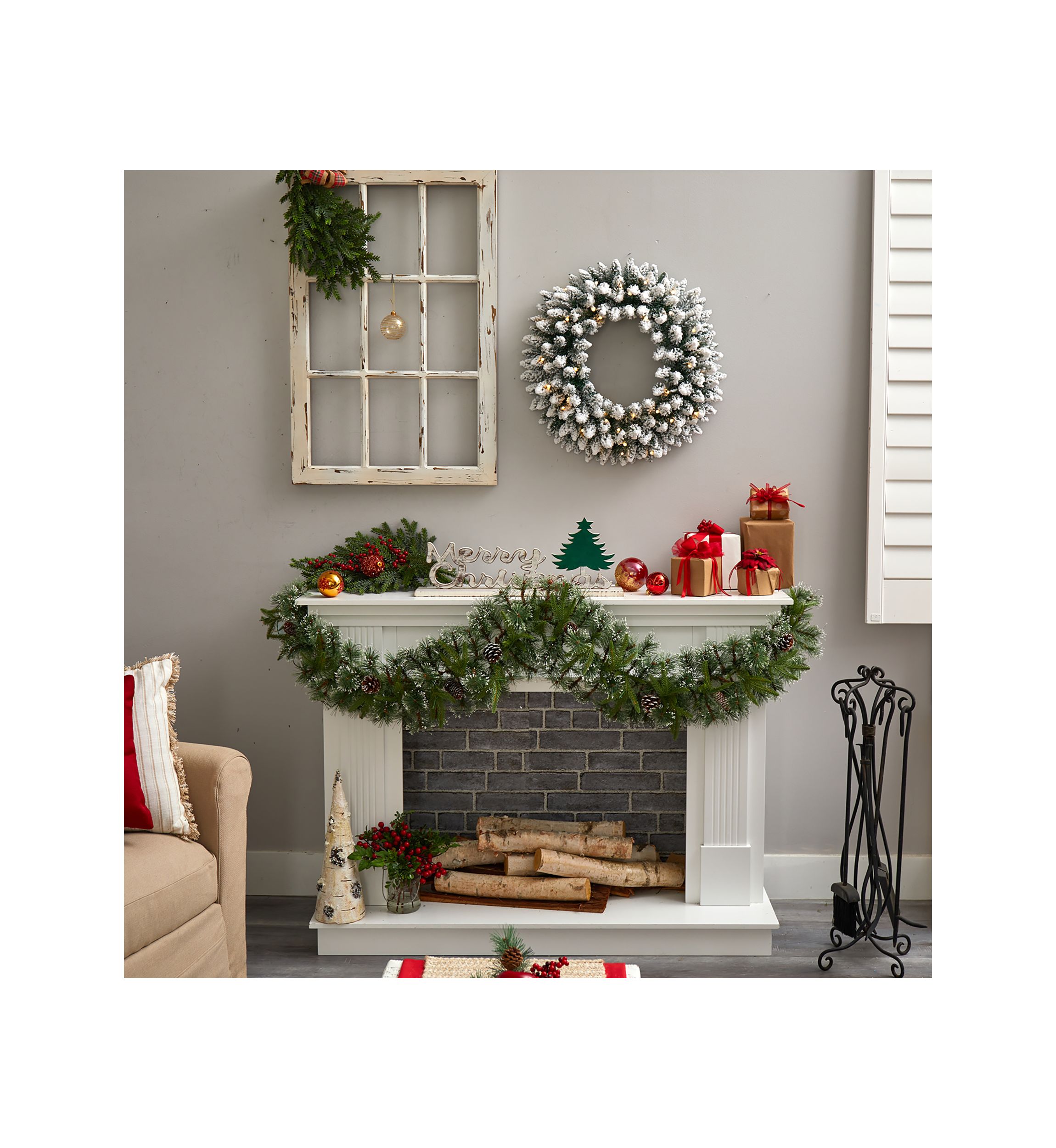 24 Inch Flocked Artificial Christmas Wreath with 160 Bendable Branches and 35 Warm White LED Lights