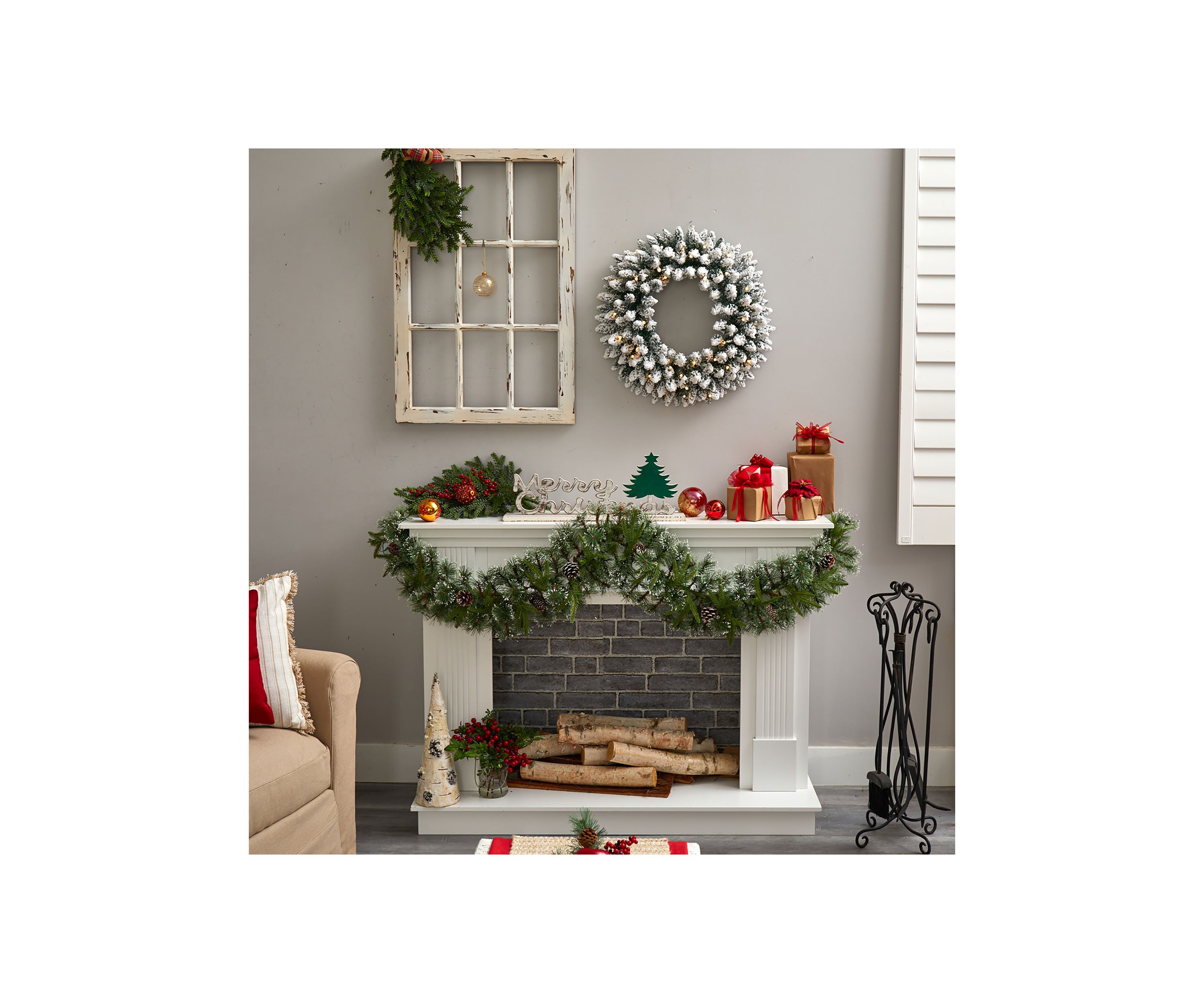 24 Inch Flocked Artificial Christmas Wreath with 160 Bendable Branches and 35 Warm White LED Lights