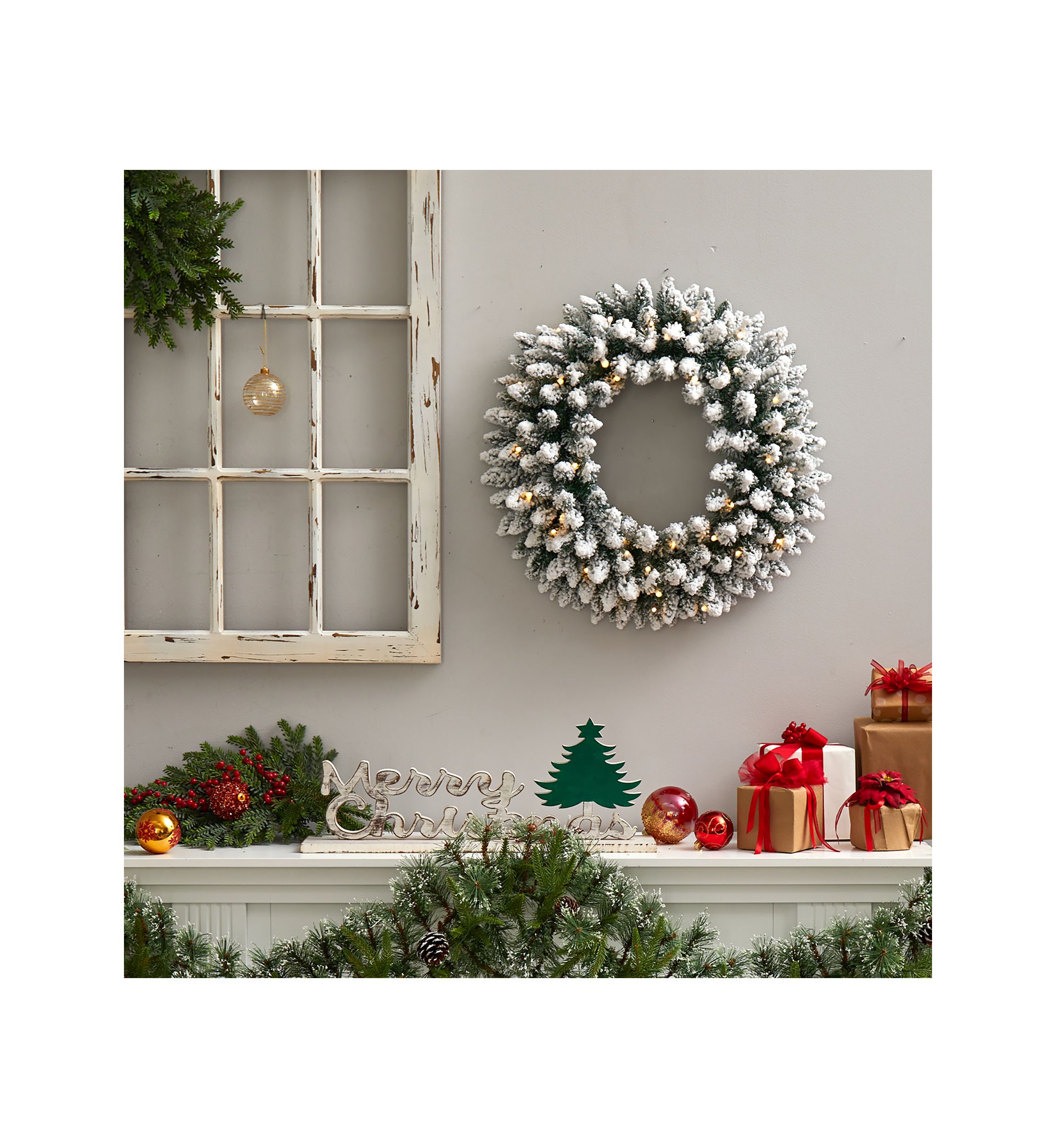 24 Inch Flocked Artificial Christmas Wreath with 160 Bendable Branches and 35 Warm White LED Lights