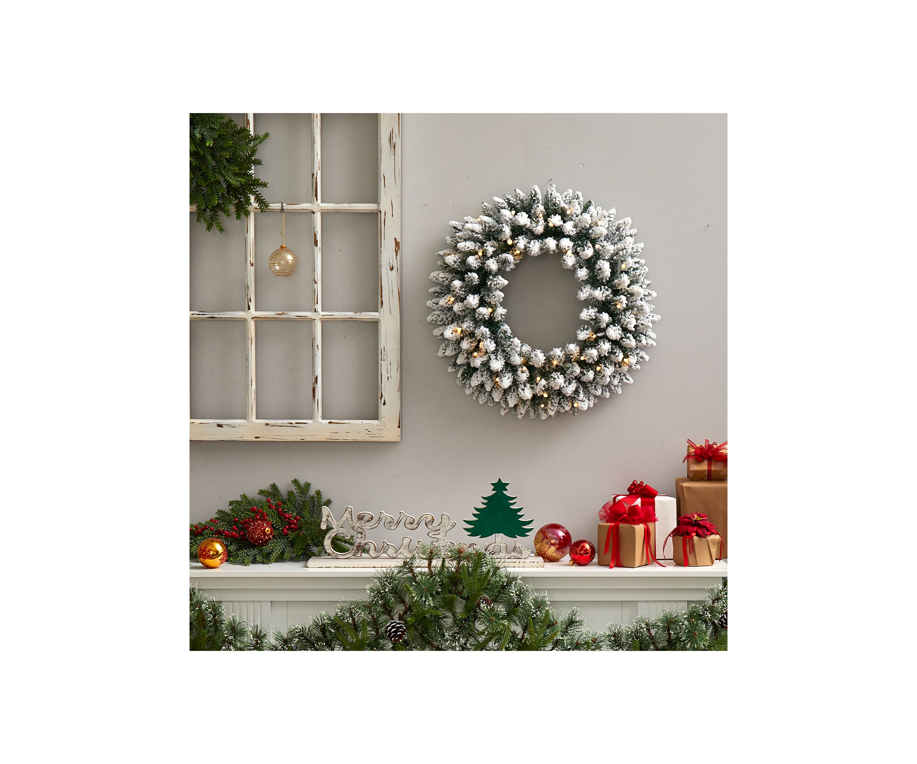 24 Inch Flocked Artificial Christmas Wreath with 160 Bendable Branches and 35 Warm White LED Lights