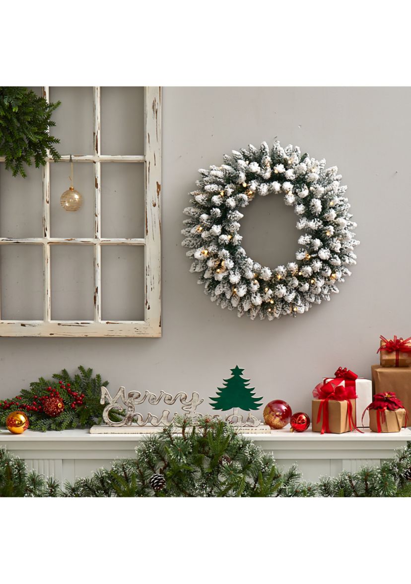 24 Inch Flocked Artificial Christmas Wreath with 160 Bendable Branches and 35 Warm White LED Lights
