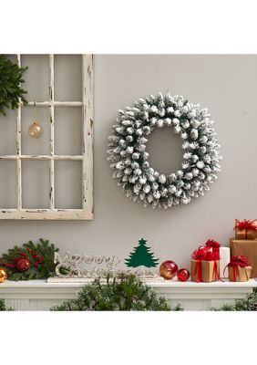 24 Inch Flocked Artificial Christmas Wreath with 160 Bendable Branches and 35 Warm White LED Lights