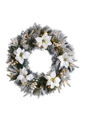 Nearly Natural 24" Flocked Poinsettia and Pine Artificial Christmas Wreath with 50 Warm White LED Lights, Green